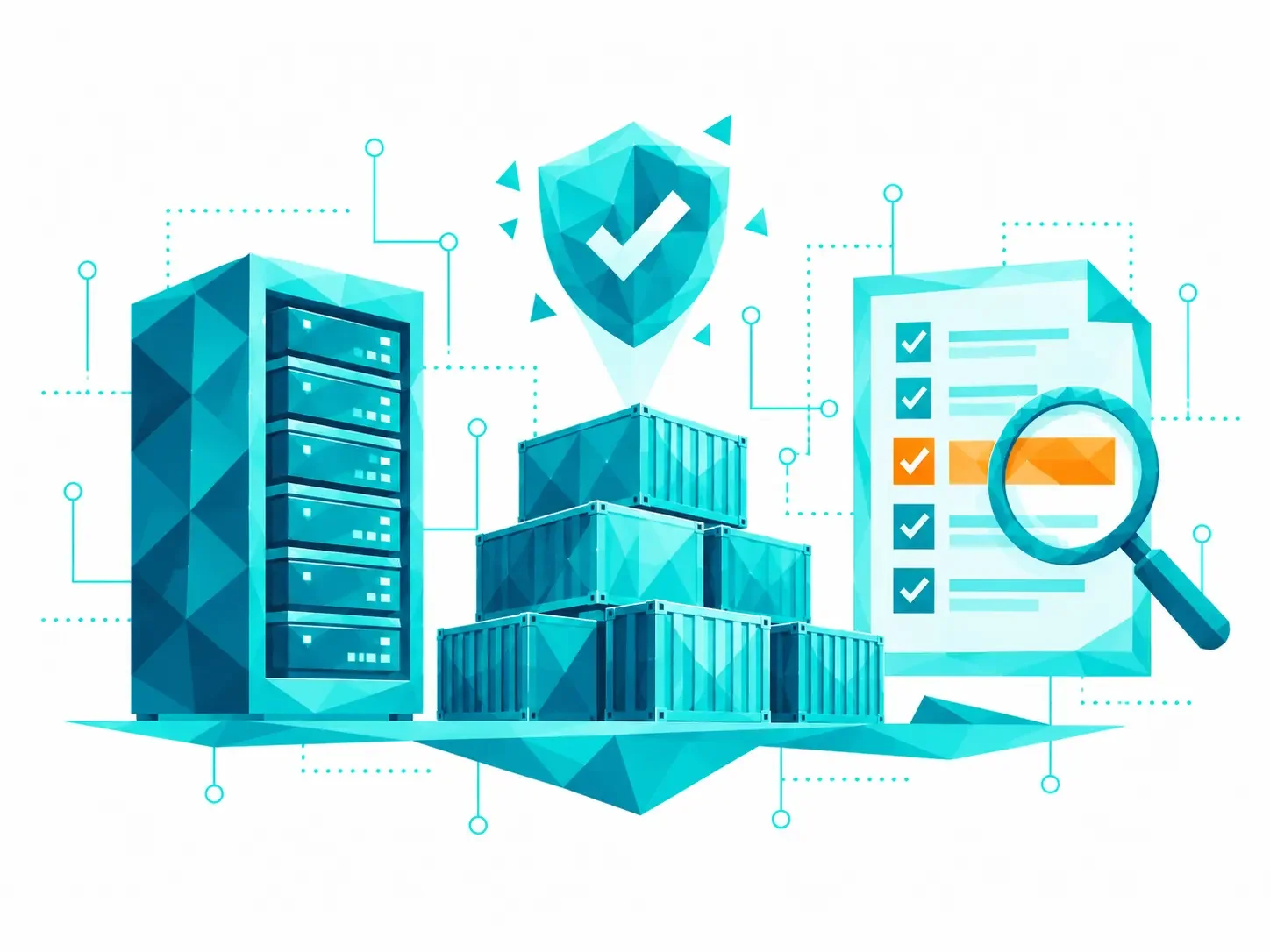 Stylised server rack, stacked containers, a shield with a check mark and a bill of materials under a magnifying glass in turquoise – software bill of materials and vulnerability monitoring on-premise